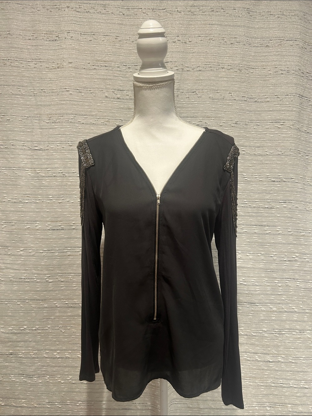 BKE Black Long-Sleeve Zip Front Top with Embellished Shoulders